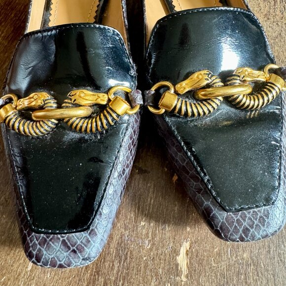 TORY BURCH Jessa black & grey leather buckle horse head block heel loafer 6M - Picture 5 of 12